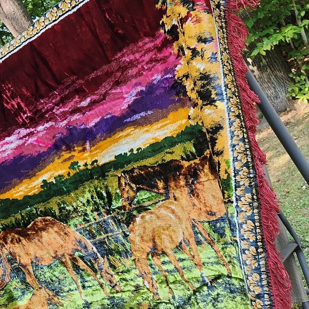 Vintage Large western Equestrian Woven wall hanging or throw rug With Fringe